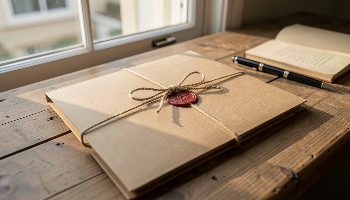 Una carpeta de cartón cerrada con un cordel sobre una mesa de madera junto a una ventana, con un sello de lacre y una pluma, luz suave de la tarde