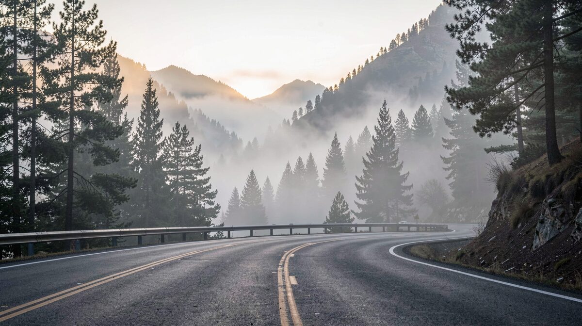 Vista de la carretera de la sierra al amanecer, con niebla baja entre pinos y una curva cerrada en primer plano, luz suave y fría, encuadre horizontal desde el acotamiento.
