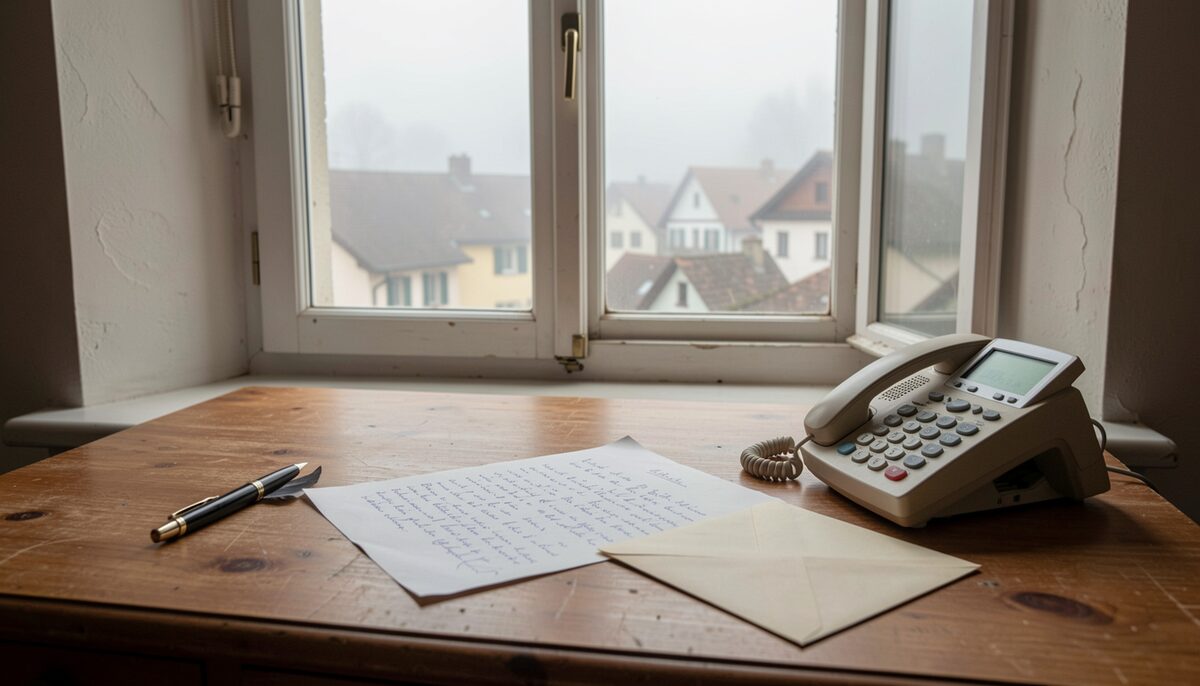 Un escritorio de madera con una carta a medio escribir, un sobre, una pluma y un teléfono apagado, junto a una ventana con vista a los tejados del pueblo bajo la niebla