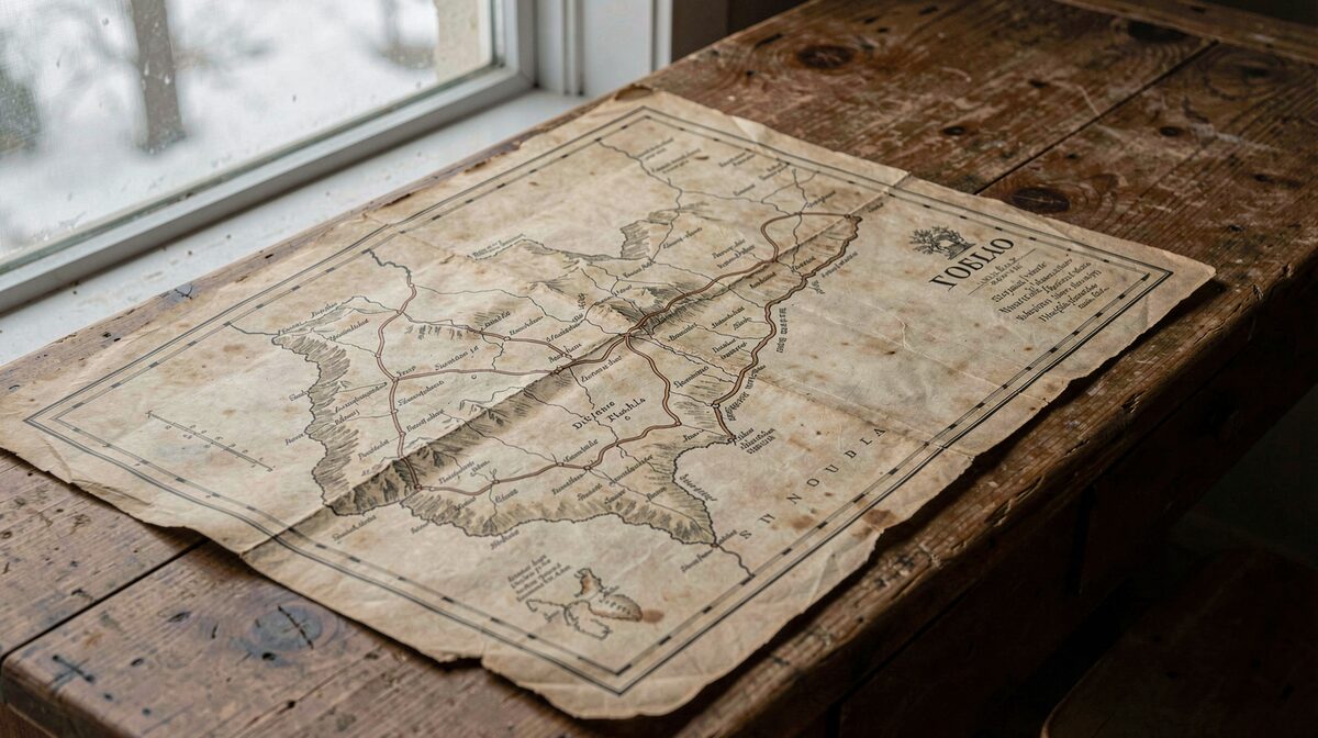 Una hoja de mapa antiguo de la Sierra Norte de Puebla extendida sobre una mesa de madera junto a una ventana, luz de mañana nublada, se ven ríos y veredas trazados a tinta sepia, encuadre cenital que deja ver los bordes gastados del papel.
