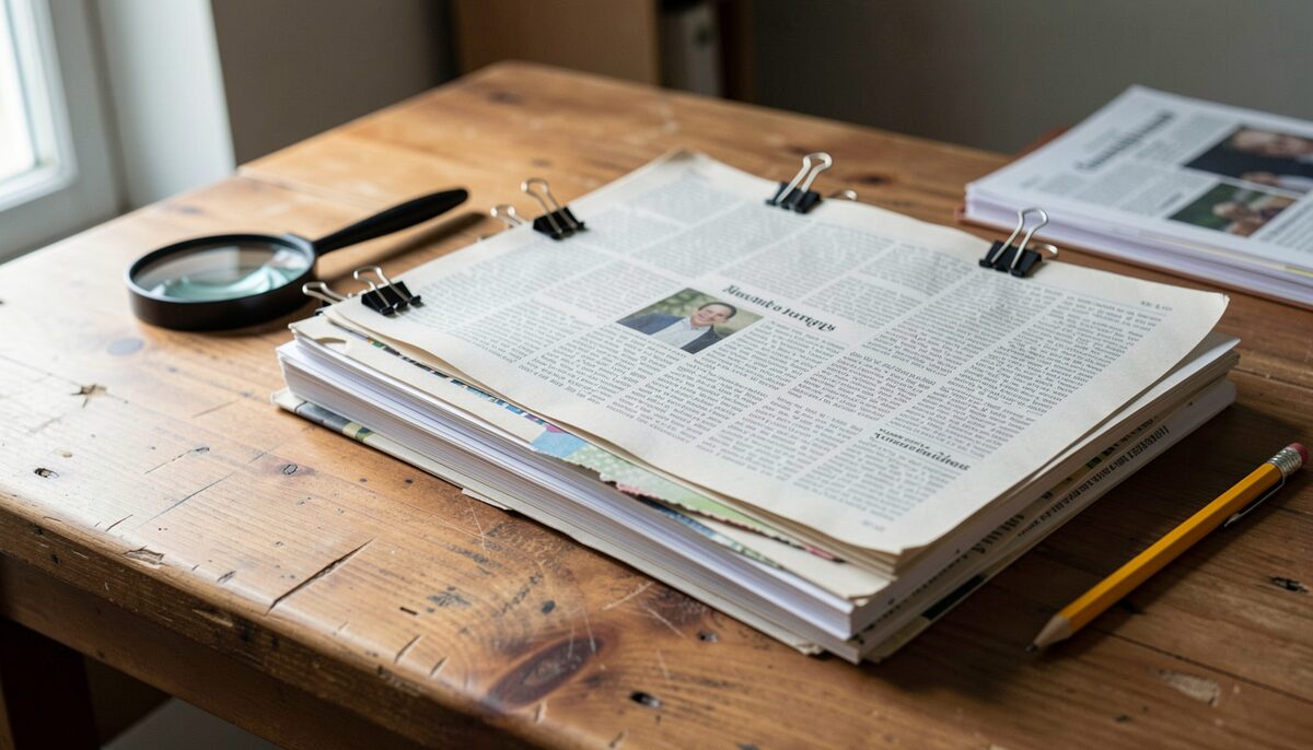 Una pila de cuadernos de notas y recortes de prensa sujetos con pinzas sobre una mesa de madera, con una lupa y un lápiz, luz natural lateral