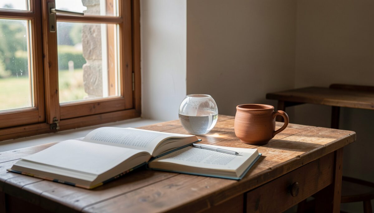 Una mesa de madera junto a la ventana de un cuarto de pueblo, con cuadernos abiertos, una esfera de vidrio sin pintar, una taza de barro y la luz de media mañana entrando por el marco